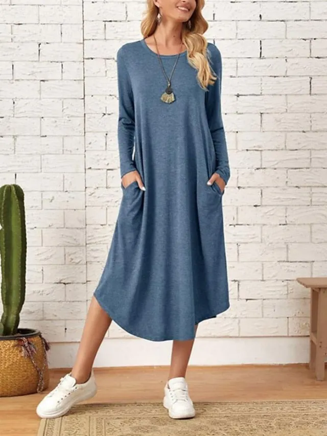Casual Dress Shift Dress Black Dress Midi Dress Indigo Rouge Black Long Sleeve Pure Color Pocket Summer Spring Crew Neck Stylish Winter Dress Fall Dress Loose Fit  S M L XL 2XL 3XL for Women