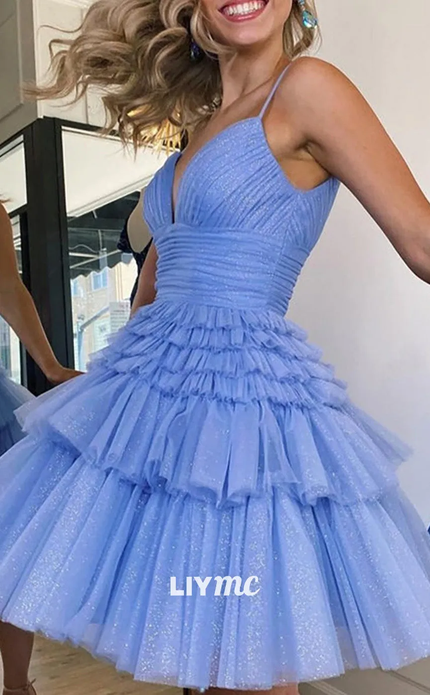 LY078 - V-Neck Sleeveless Tulle A-Line Short Homecoming Graduation Dress