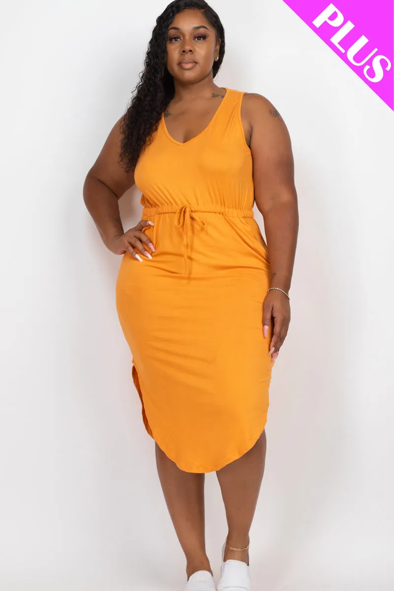 Plus Size Drawstring Sleeveless Midi Dress