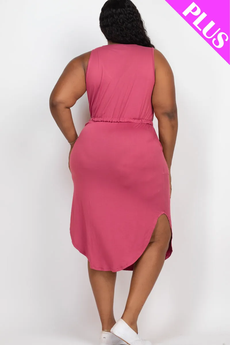 Plus Size Drawstring Sleeveless Midi Dress