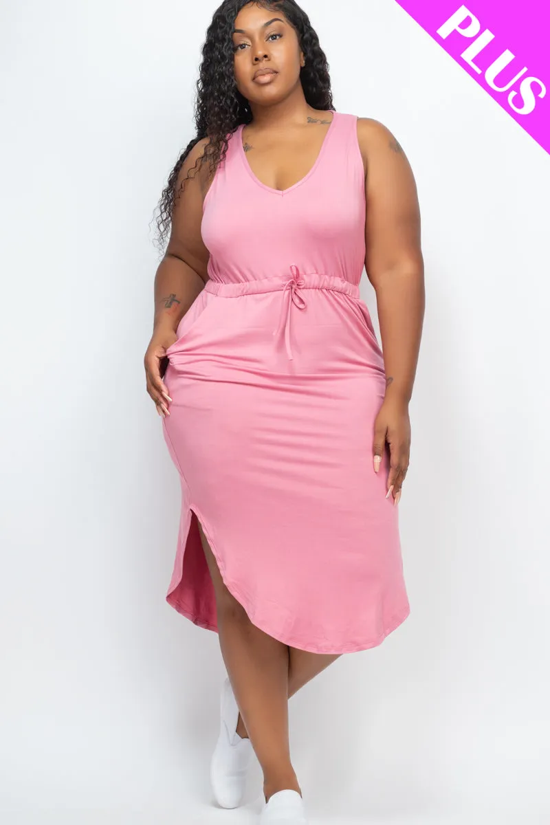 Plus Size Drawstring Sleeveless Midi Dress
