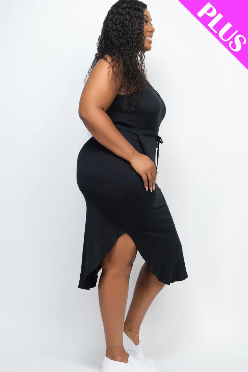 Plus Size Drawstring Sleeveless Midi Dress