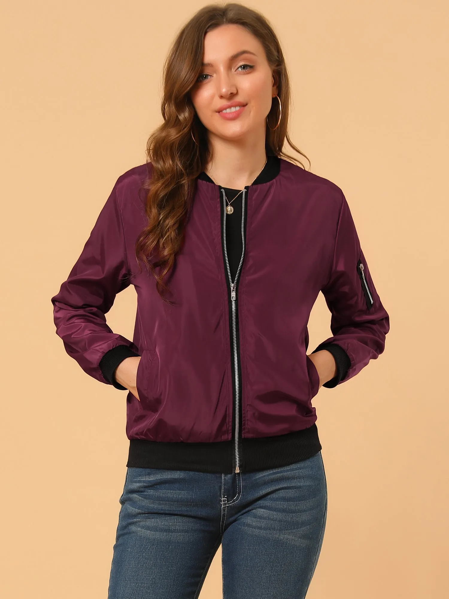 Windbreaker Pockets Casual Lightweight Zip Up Bomber Jacket